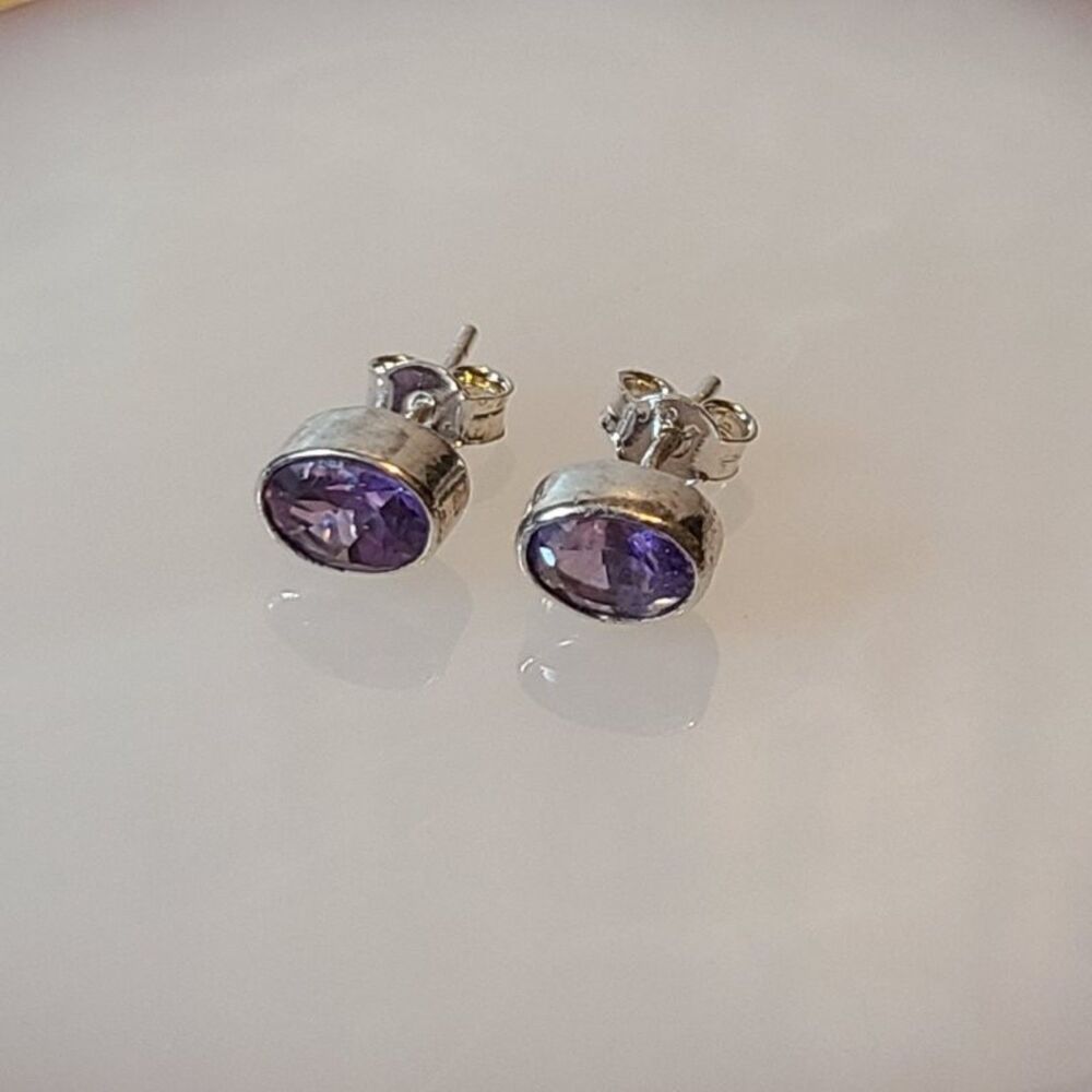 Amethyst Stud Earrings 925 Sterling Silver Oval Gemstone Purple Feb Birthstone